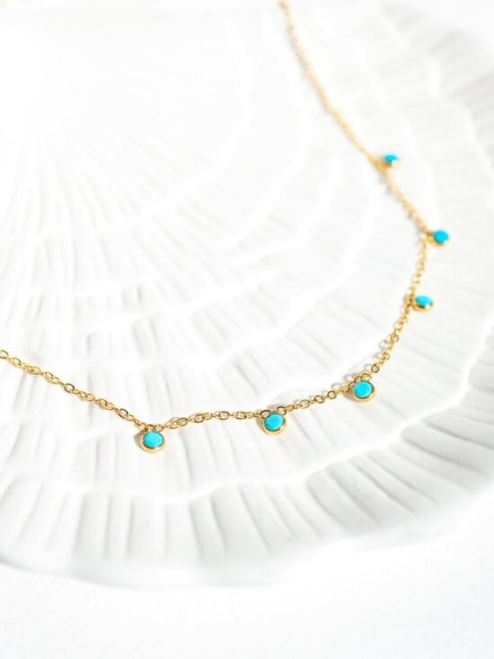 Turquoise Drops Necklace Gold Bezel Necklace WATERPROOF Gold Chain Station - Picture 3 of 9